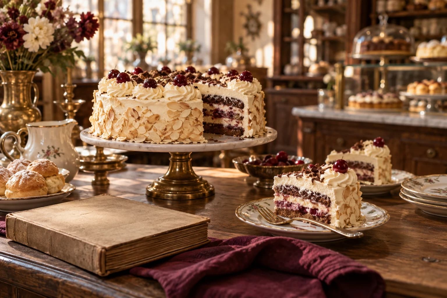 Eine festliche Torte, feines Porzellan und ein altes Rezeptbuch in einer gemütlichen Familienkonditorei